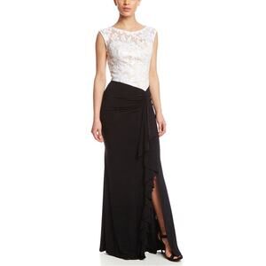 NWT DECODE 1.8 White/Black Lace Bodice Ruffle Split Maxi Formal Dress. Size 4